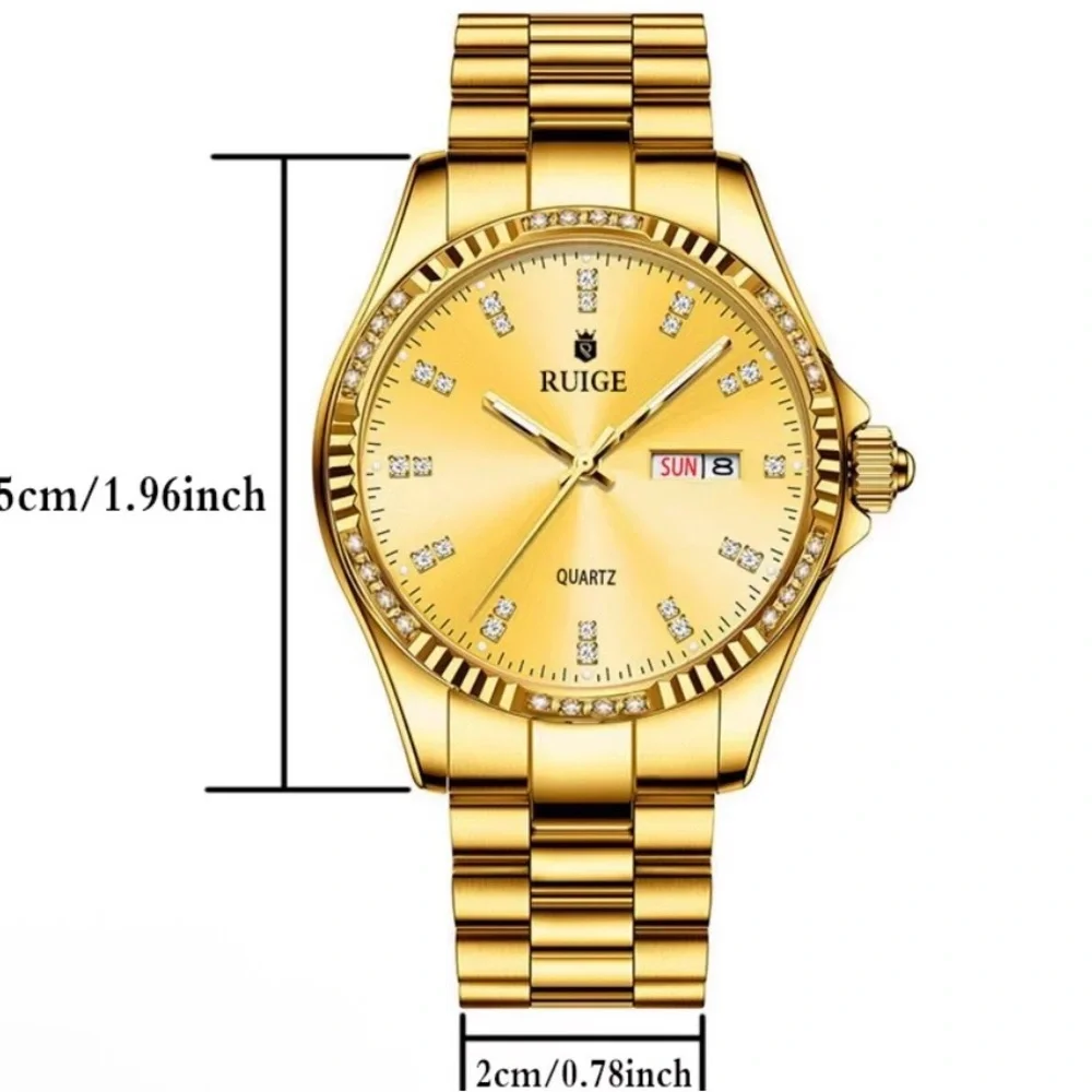 NIB Gold Ruige Stainless Steel Quartz Watch with Crystal Accents